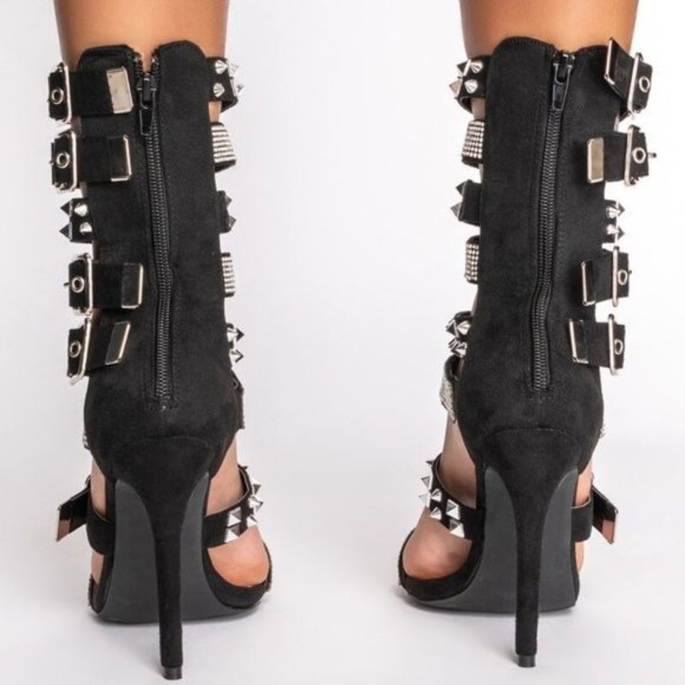 Xena Spiked & Studded: Black Suede Gladiator Stiletto Sandal 6 - Picture 4 of 5